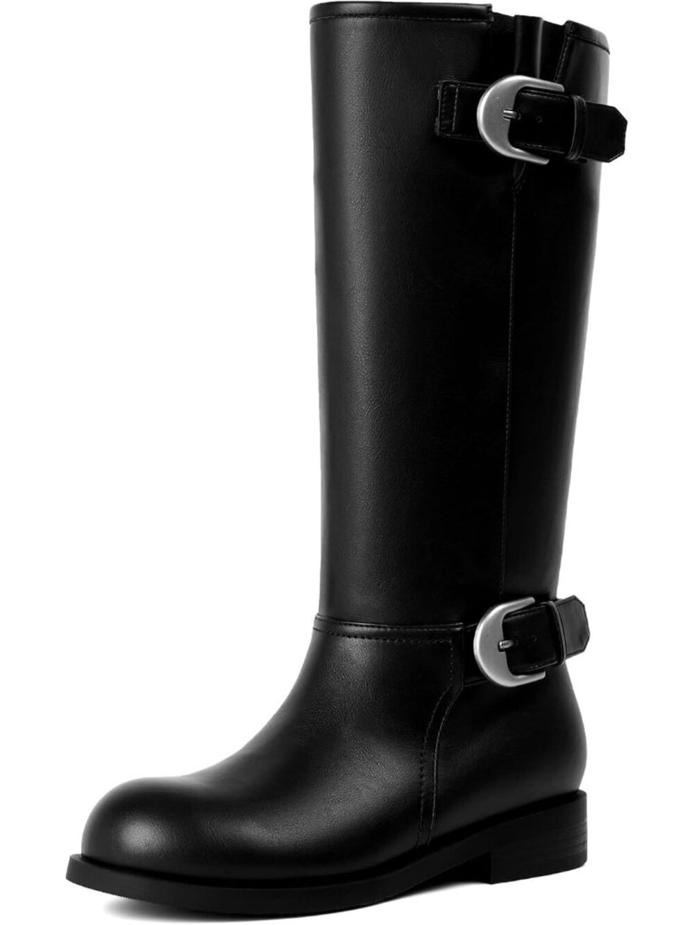 🆕Women's Dark Black Knee High Boots Round Toe Low Block Heel Combat Tall Boots